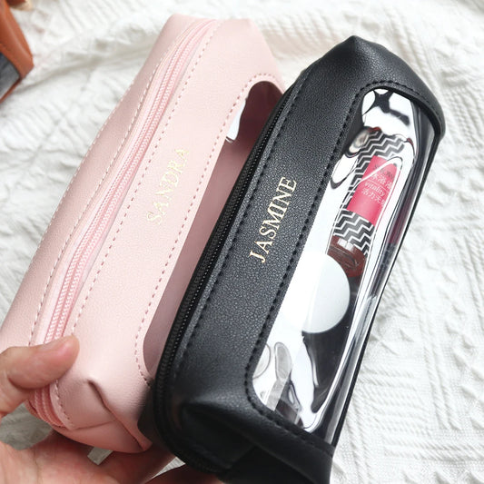 Personalized leather cosmetic bag – With name engraving – Waterproof & viewing window