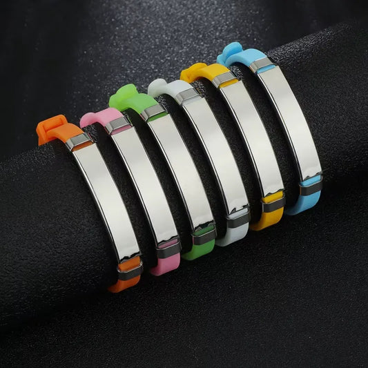 Personalized ID bracelets for boys and girls, made of soft silicone and stainless steel