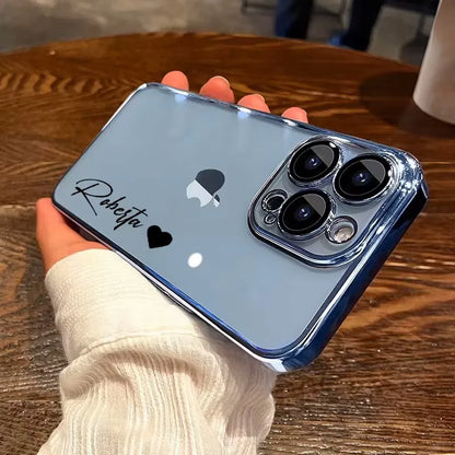 Personalisiertes iPhone-Hülle – Transparentes Soft-Cover, Chrom Rahmen mit Namensgravur