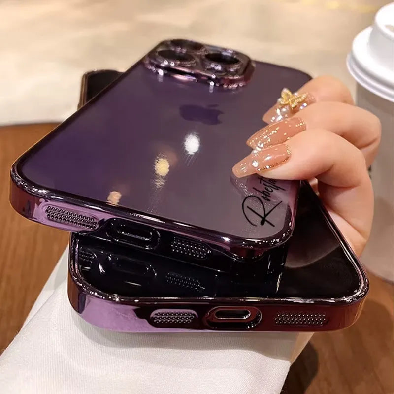 Personalisiertes iPhone-Hülle – Transparentes Soft-Cover, Chrom Rahmen mit Namensgravur