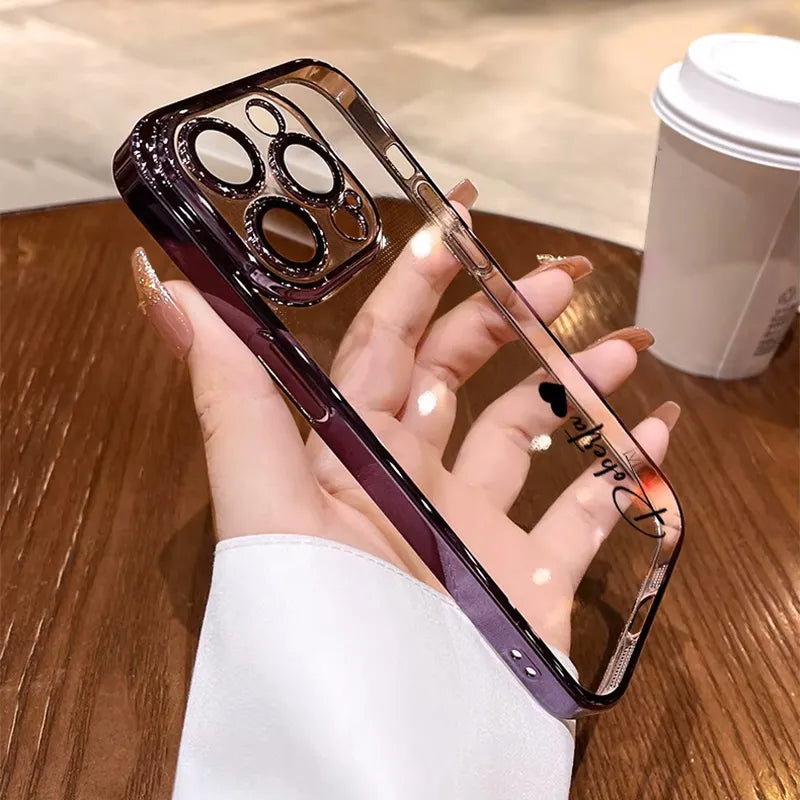 Personalisiertes iPhone-Hülle – Transparentes Soft-Cover, Chrom Rahmen mit Namensgravur