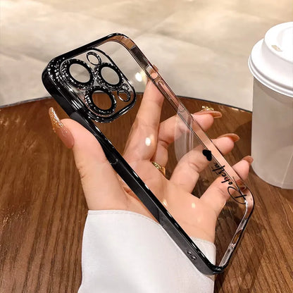 Personalisiertes iPhone-Hülle – Transparentes Soft-Cover, Chrom Rahmen mit Namensgravur
